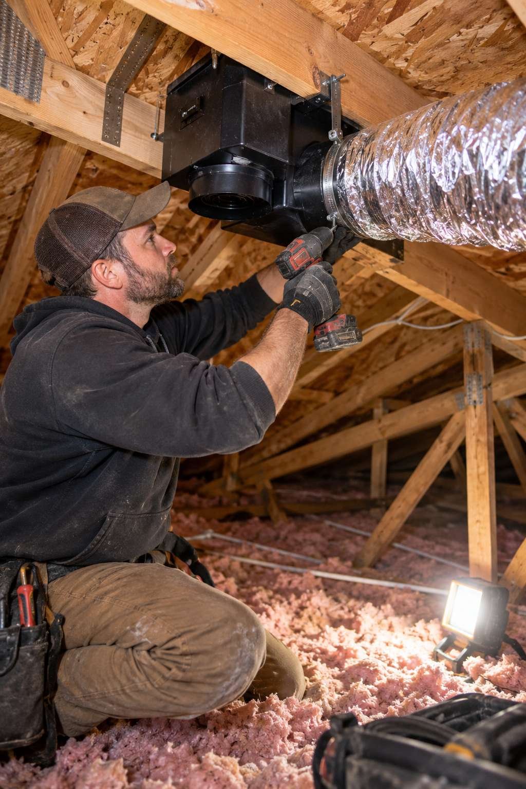 Mounting a bathroom fan housing and connecting ductwork in the attic