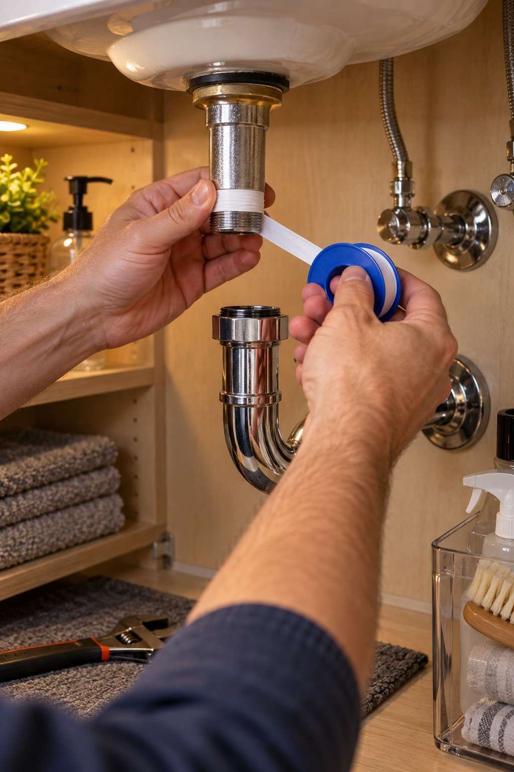 Hands wrapping plumber's tape on a fitting while connecting vanity plumbing