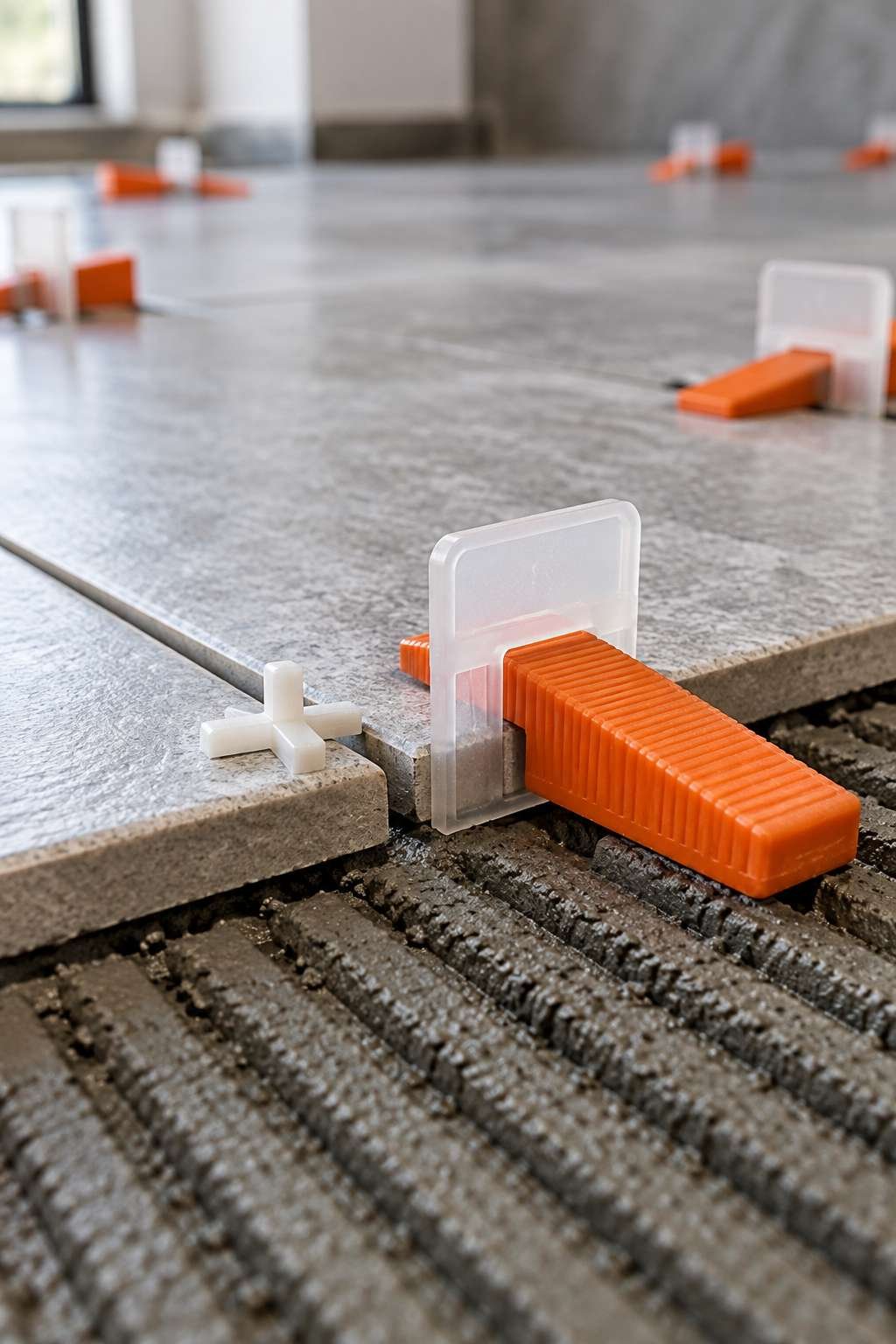 Tile spacers and leveling clips keeping bathroom tile even