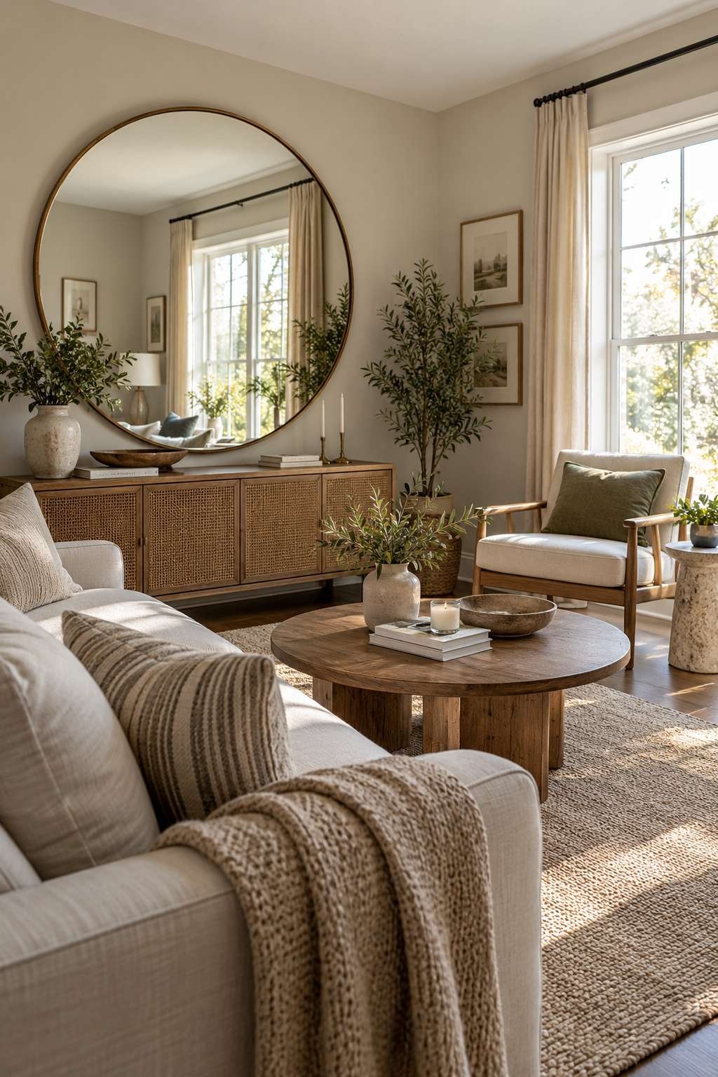 Large mirror reflecting natural light in a small living room