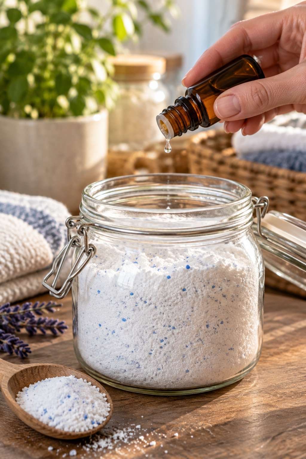 Essential oil drops being added to homemade laundry detergent for scent