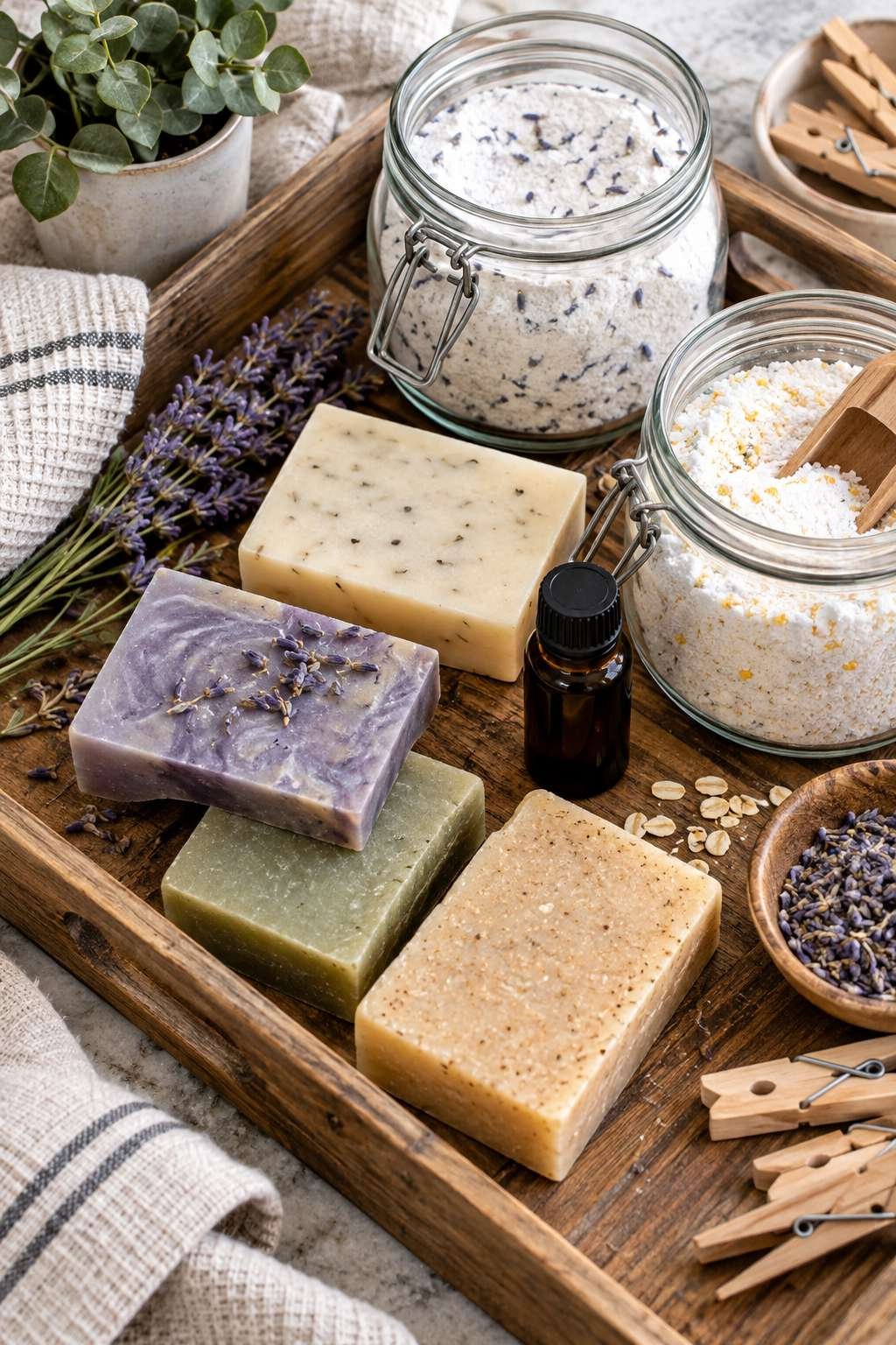 Different bar soaps and essential oils used for laundry soap variations
