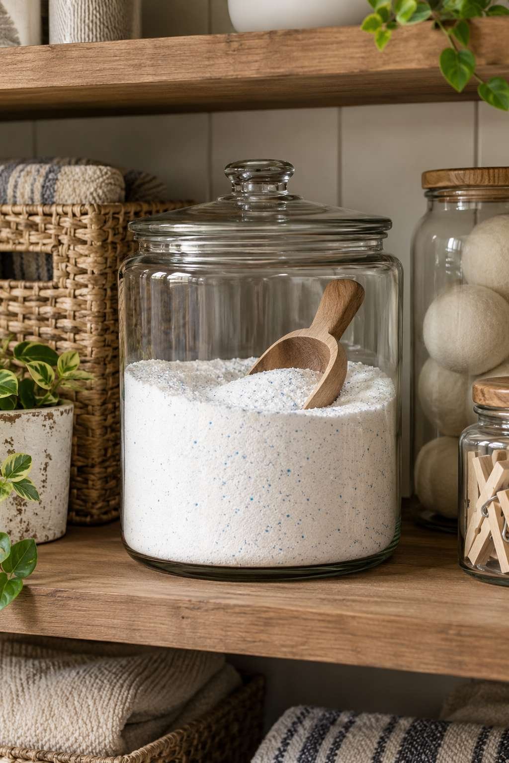 Labeled jar of homemade detergent stored on a pantry shelf