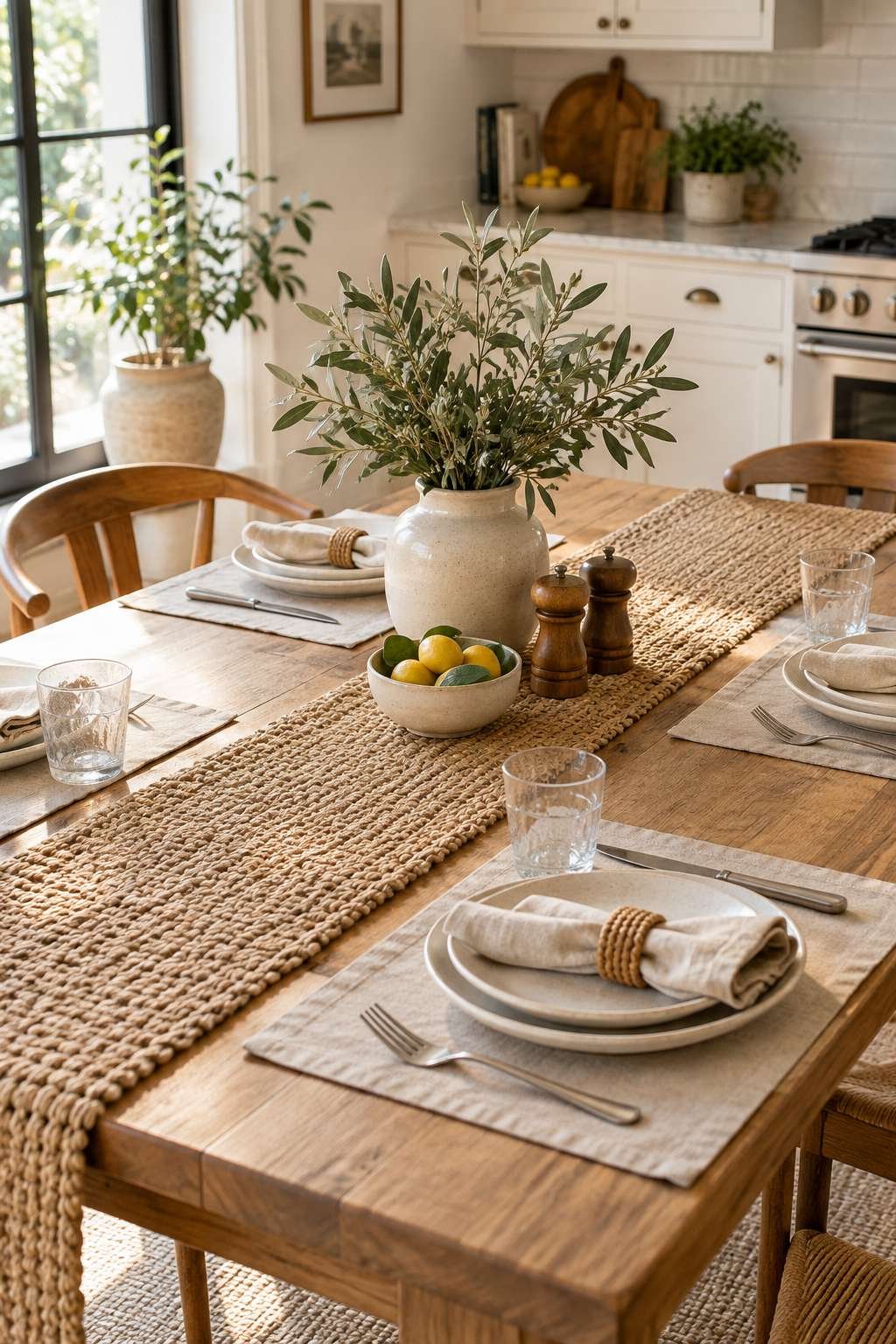 Kitchen table styled with a jute runner and linen placemats