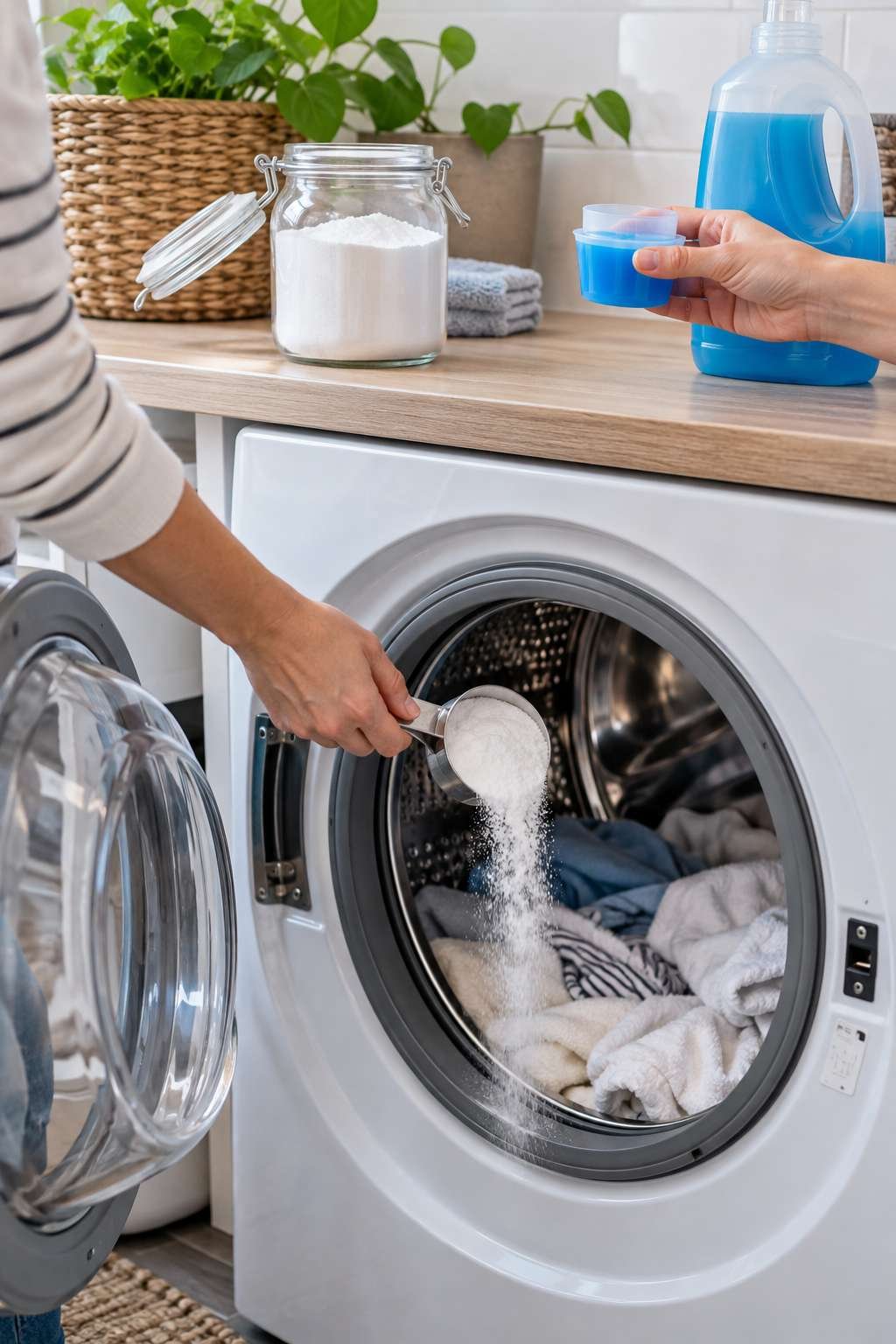 Adding baking soda and detergent together to a wash load