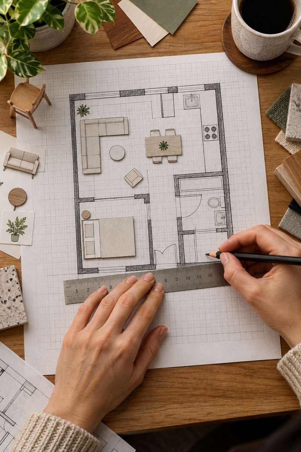 Sketching a scaled floor plan with paper furniture cutouts