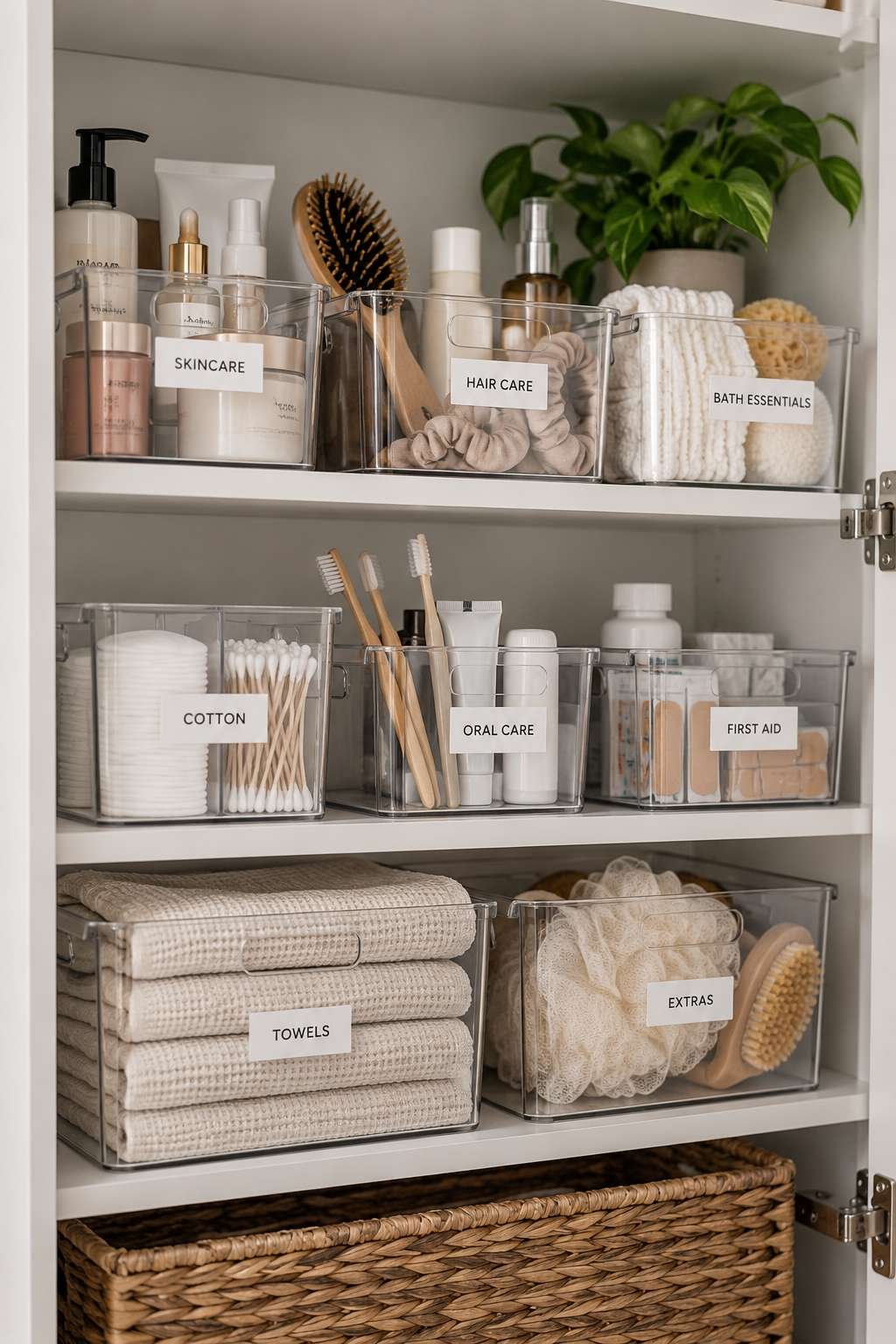 Labeled bins in an organized bathroom cabinet for easy family access