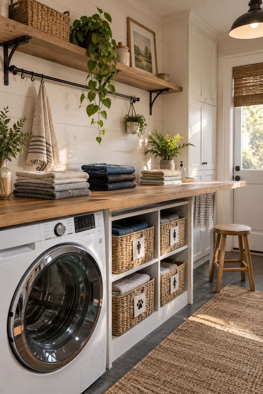 Folding station with baskets sorted by family member