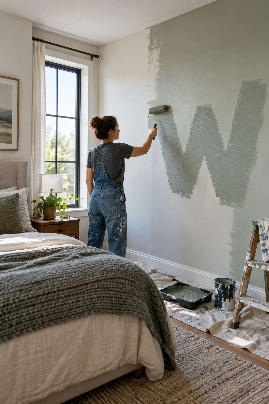 Rolling paint onto a bedroom wall using a W-shaped technique