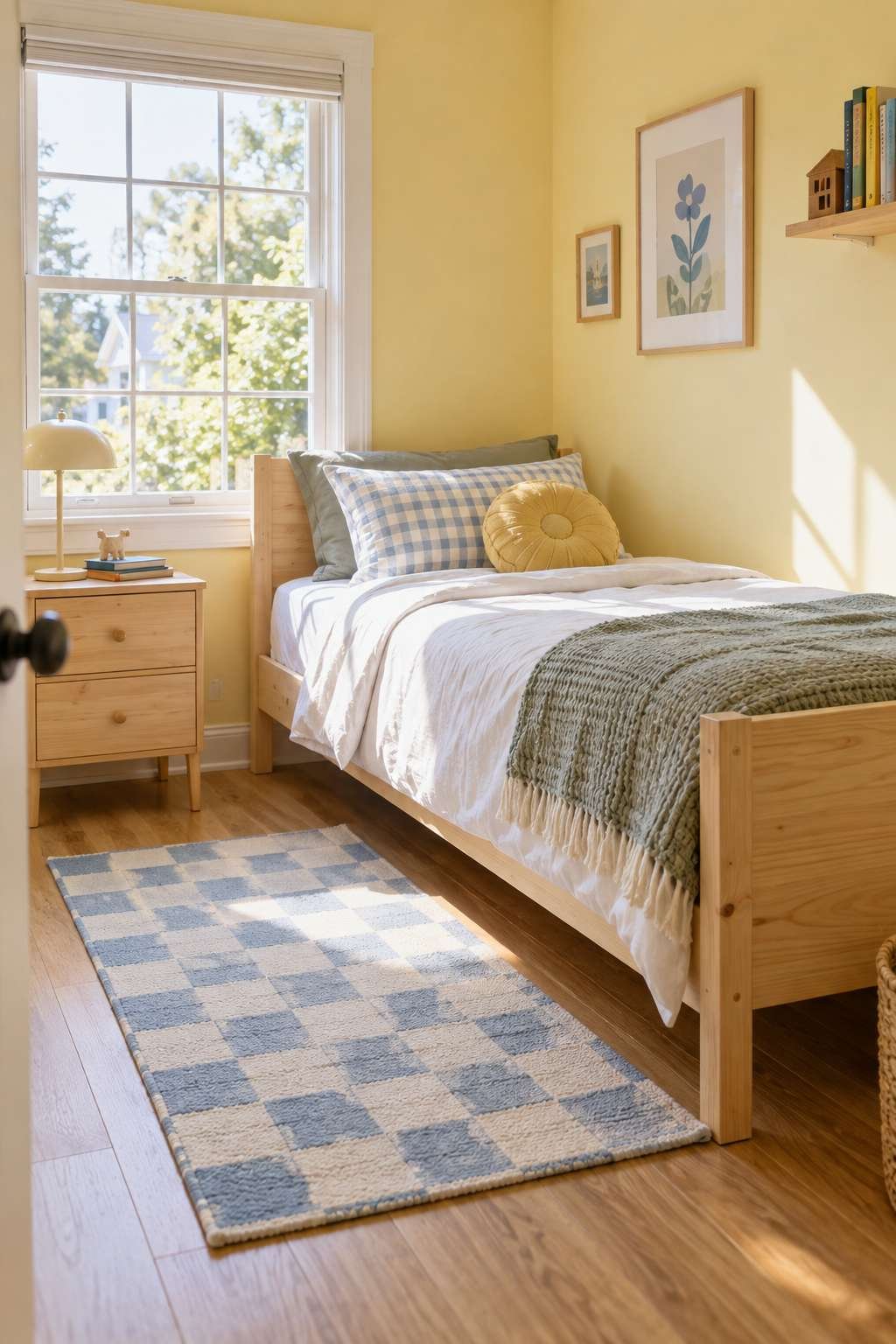 Light-colored rug placement in a small bedroom