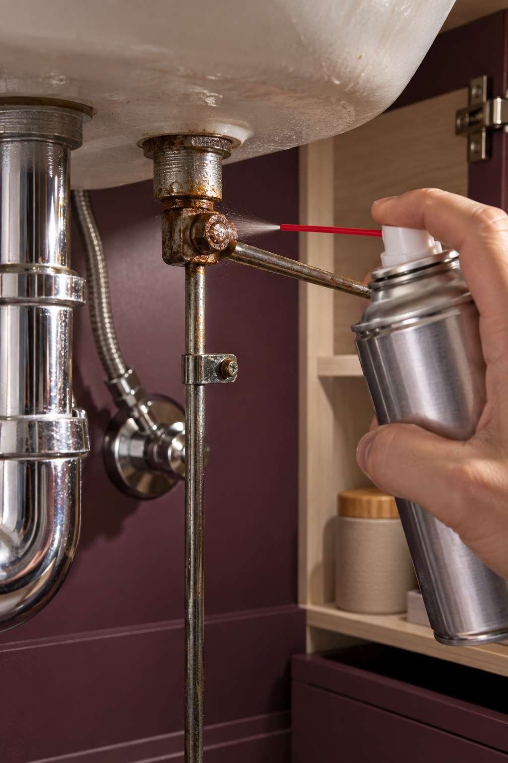 Applying penetrating oil to a corroded bathroom sink stopper nut