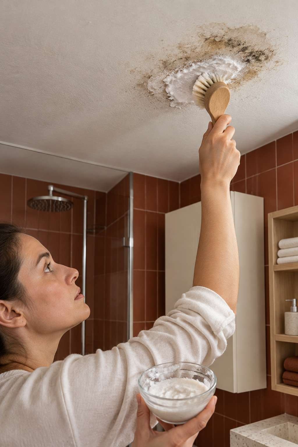 Baking soda paste applied to a deep-set bathroom ceiling stain
