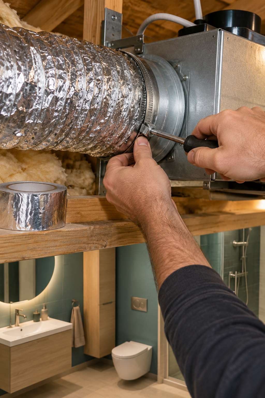 Securing ductwork to a bathroom exhaust fan housing with a clamp