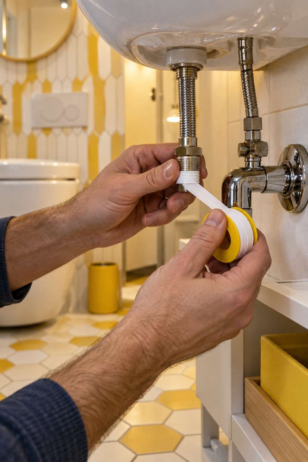 Wrapping plumber's tape around a bathroom faucet supply line