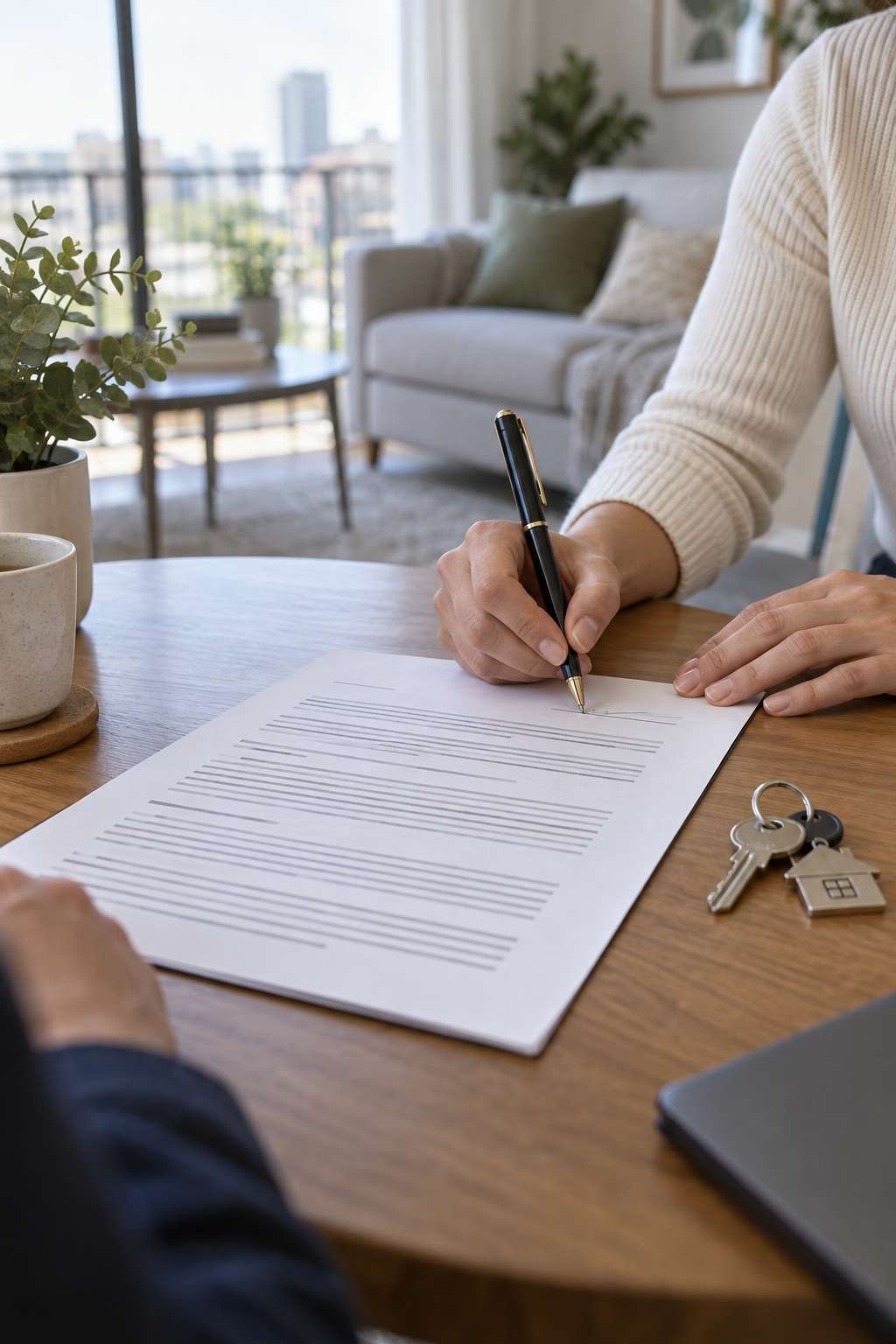 Signing a lease document showing lease length affecting monthly rent
