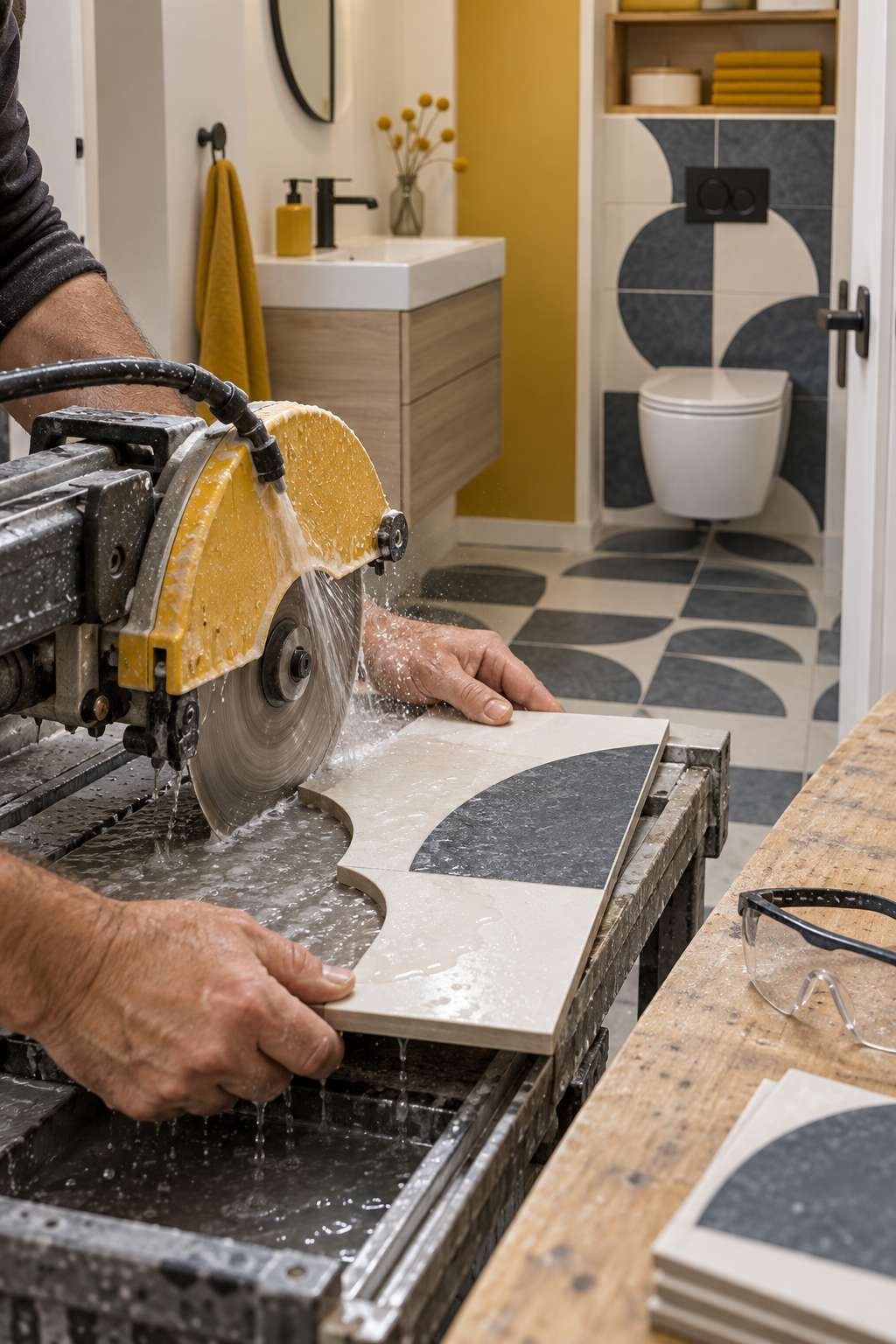 Wet saw cutting a tile notch to fit around a bathroom fixture