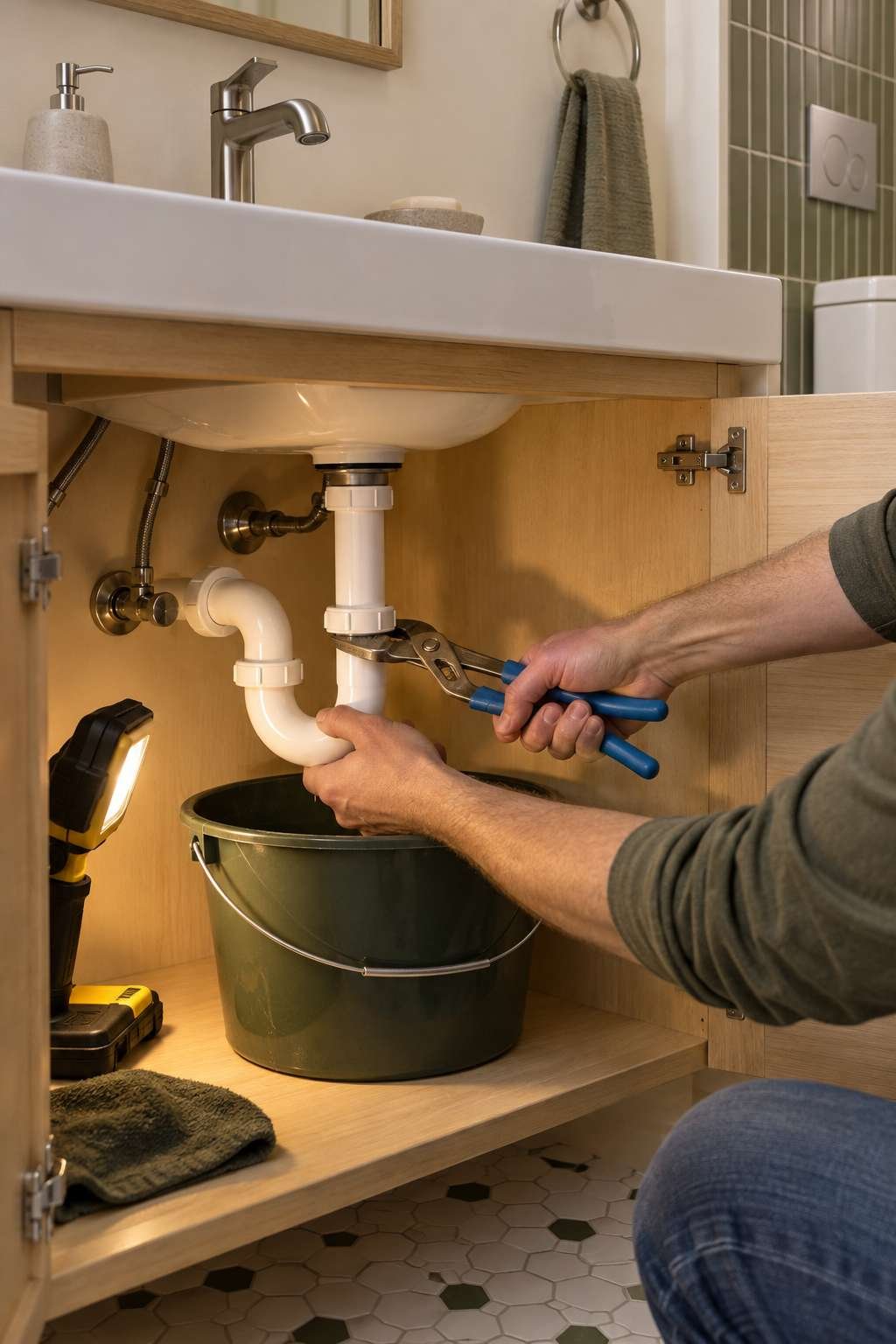 Disassembling a bathroom sink P-trap to clear a hidden clog