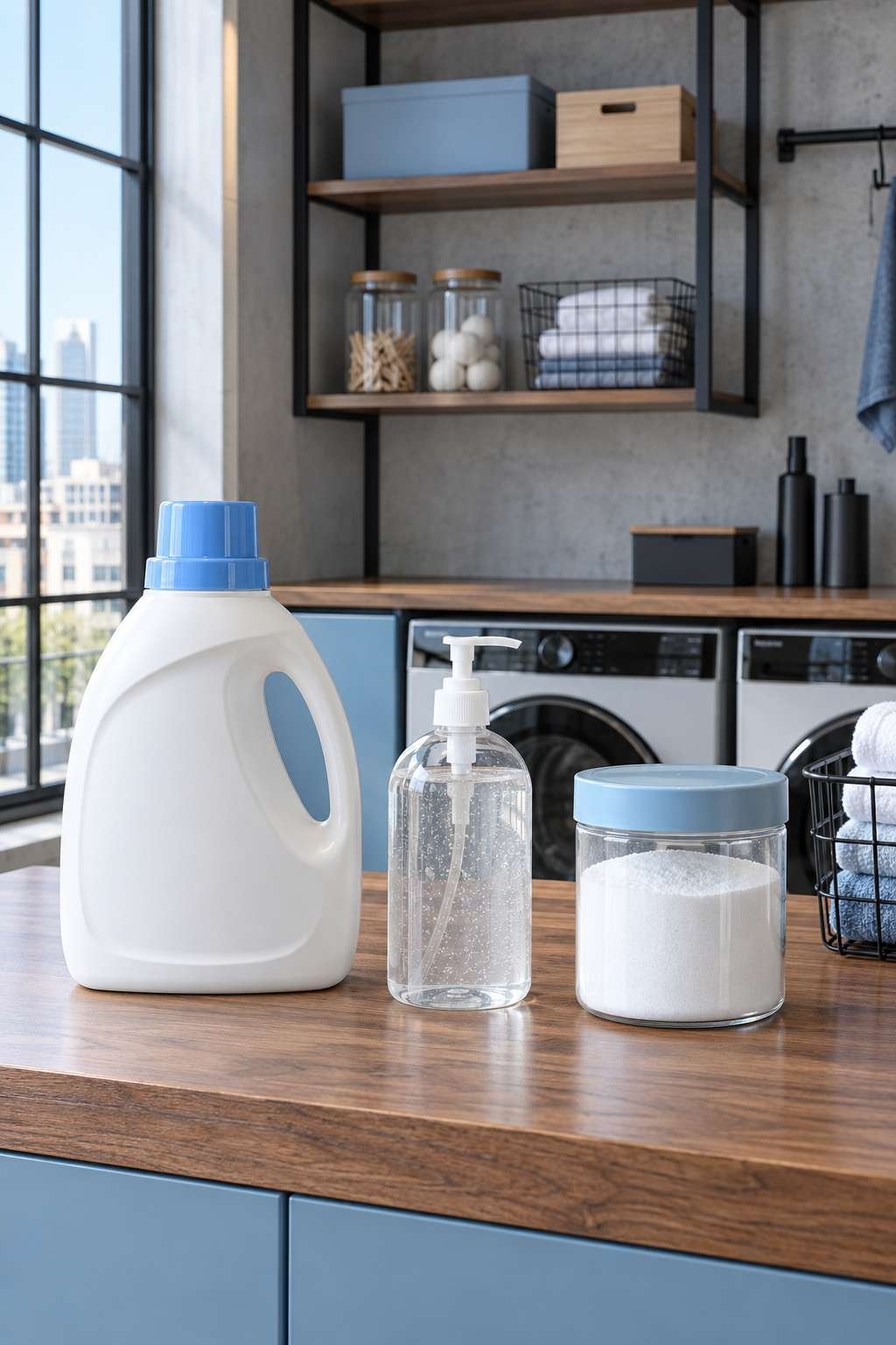 Detergent, sanitizer, and borax arranged on a laundry counter