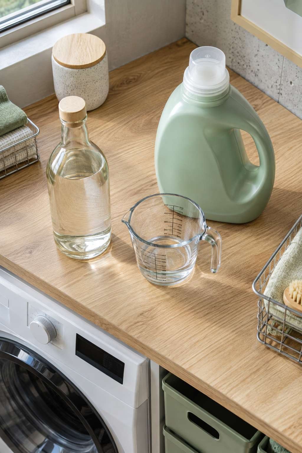 Flat lay of vinegar, measuring cup, and detergent for general laundry use