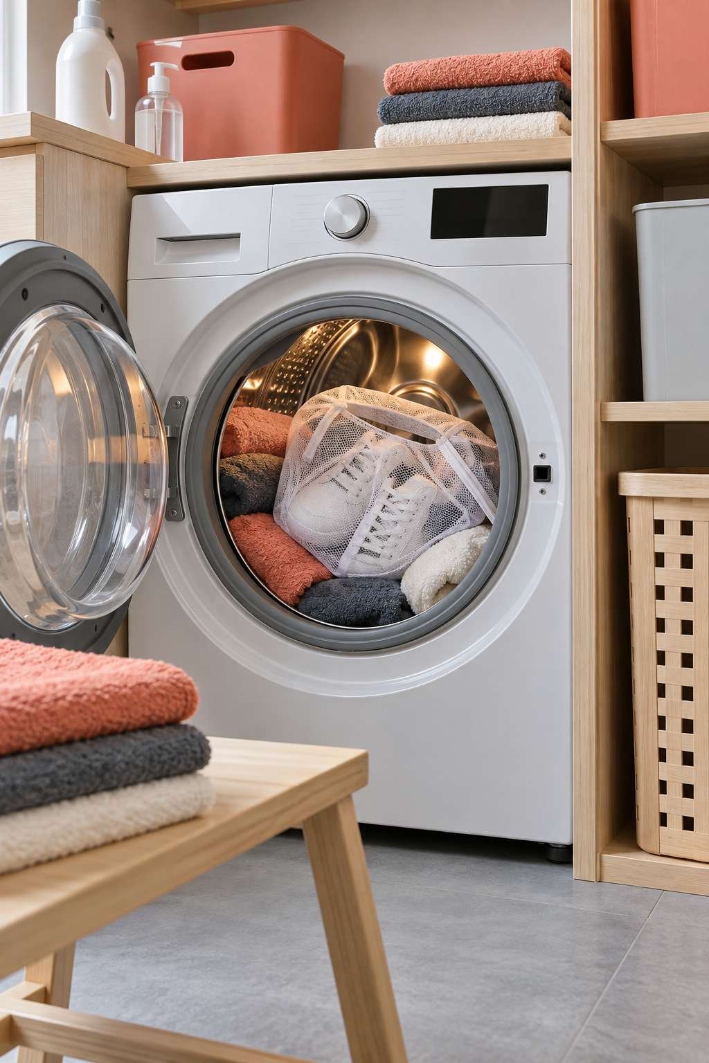 Towels added around shoes in the washing machine for balance