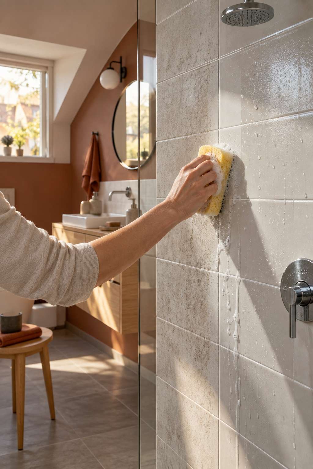 Cleaning ceramic bathroom wall tiles and grout with a sponge