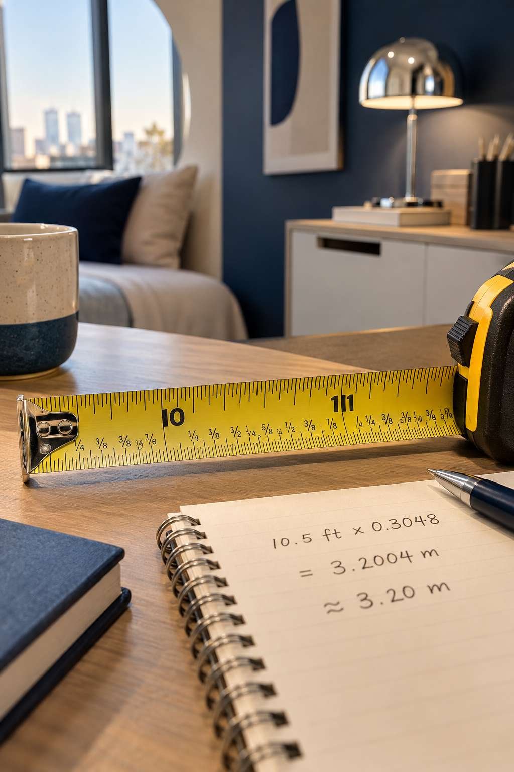 Tape measure reading being converted from inches to decimal feet