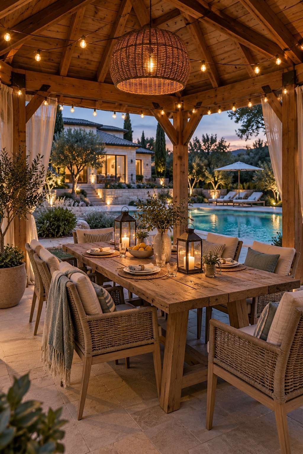 Gazebo set up as an outdoor dining area with string lights and table seating