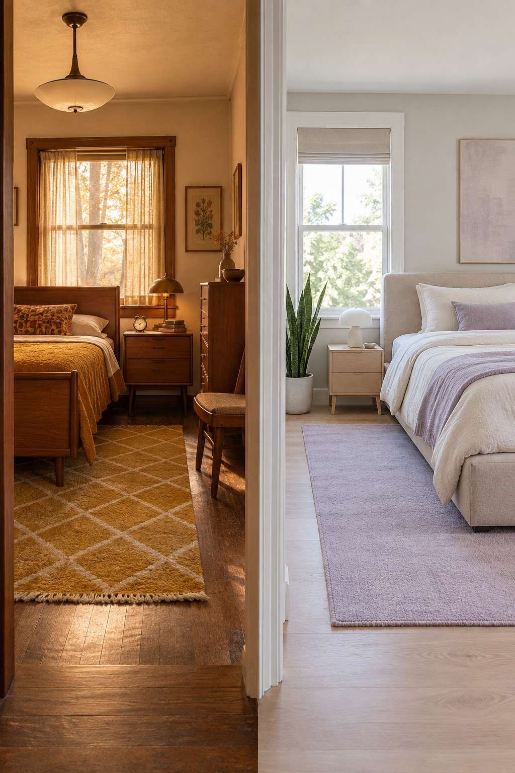 Comparison of a mid-century bedroom size to a modern spacious bedroom