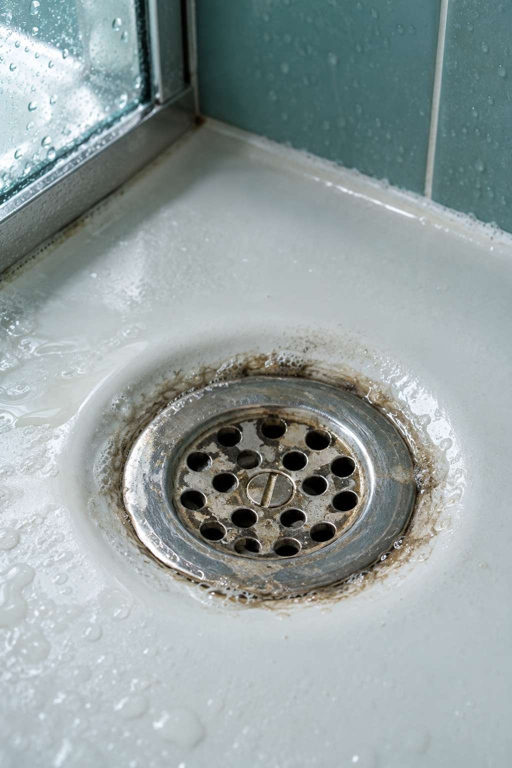 Biofilm buildup visible around a bathroom drain opening