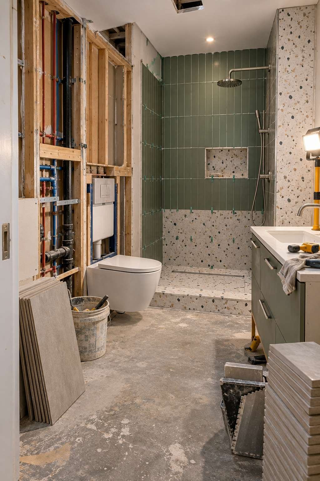 Bathroom renovation in progress with new plumbing and tile installation