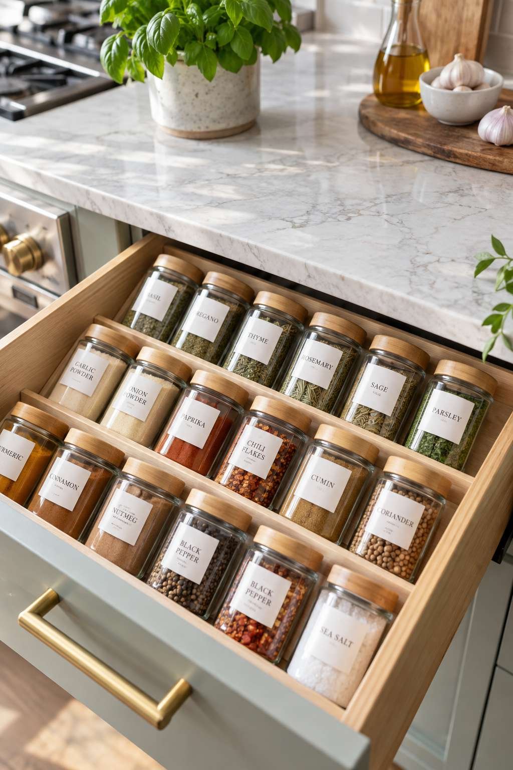 Angled spice drawer insert with uniform labeled jars for easy organization