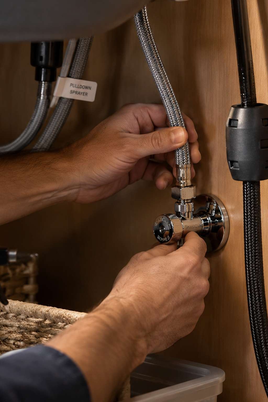 Hands connecting a braided supply line to a kitchen faucet valve