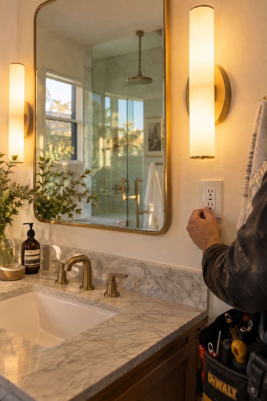 LED vanity lighting and electrical outlet upgrade during bathroom renovation