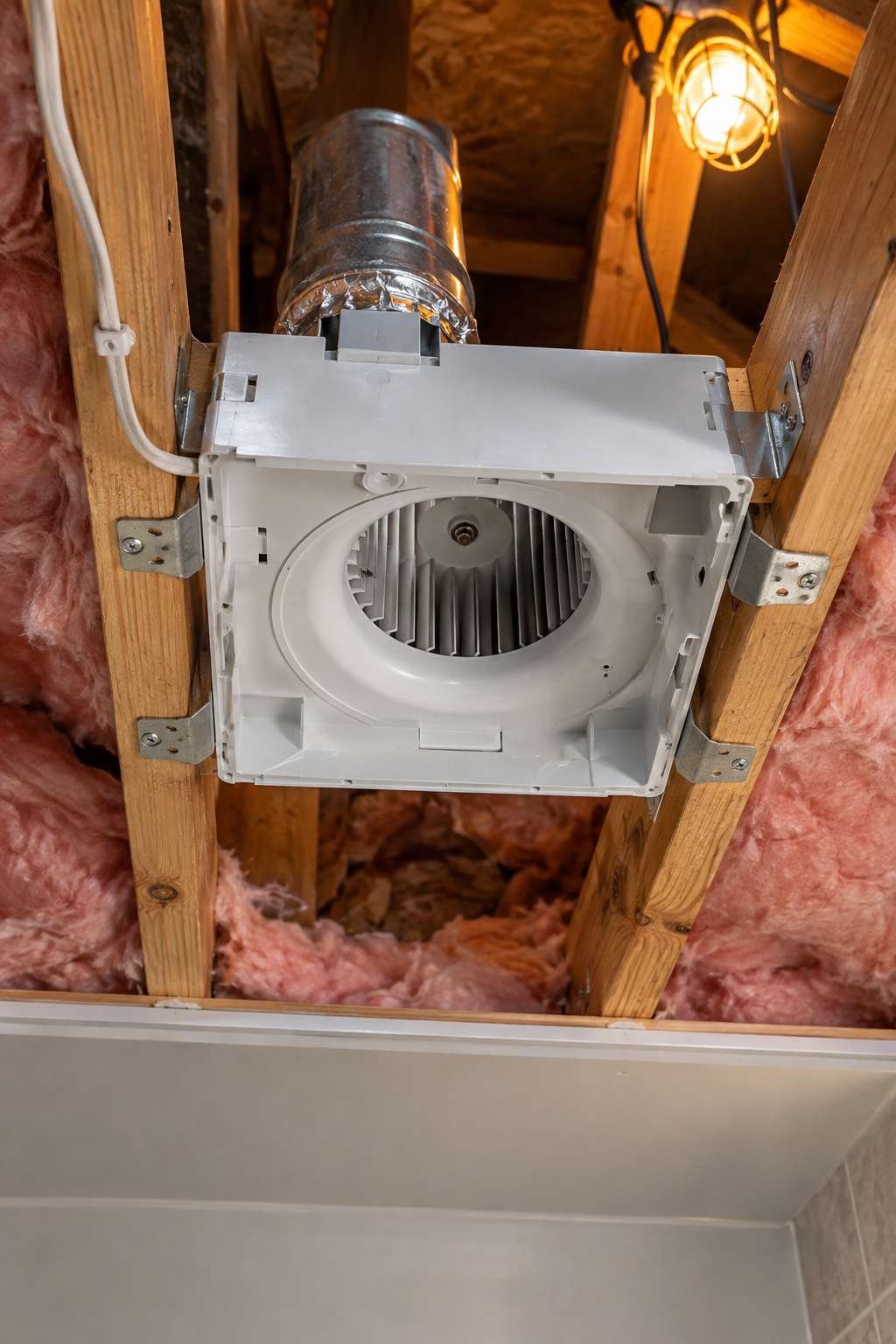 Bathroom fan housing mounted flush between ceiling joists during installation