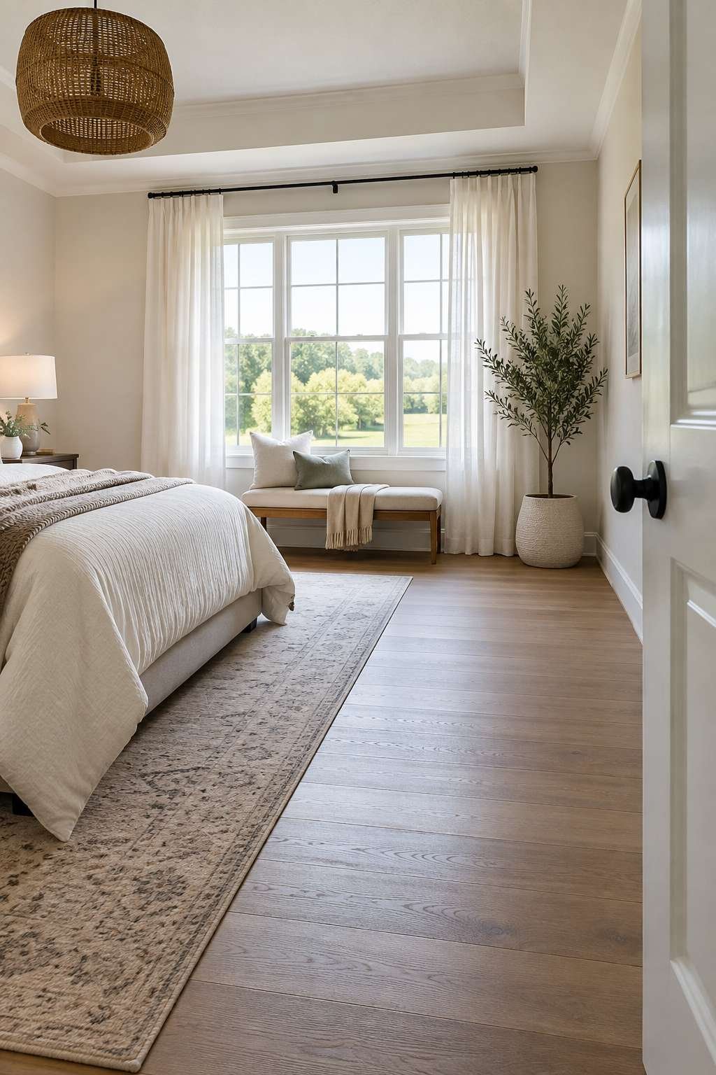 Low bench placed beneath a bedroom window with curtains framing the light
