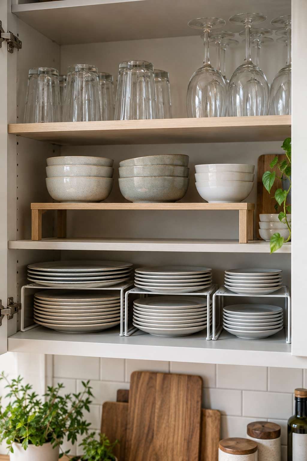 Kitchen cupboard shelf with plate stackers, a shelf riser, and stacked glassware