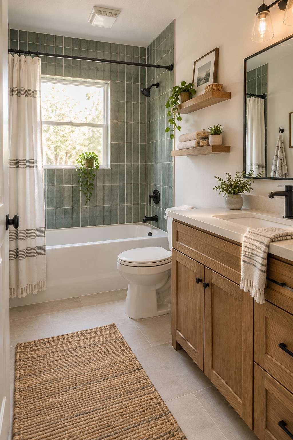 Budget-friendly bathroom remodel with refinished tub, stock cabinetry, and one accent tile wall