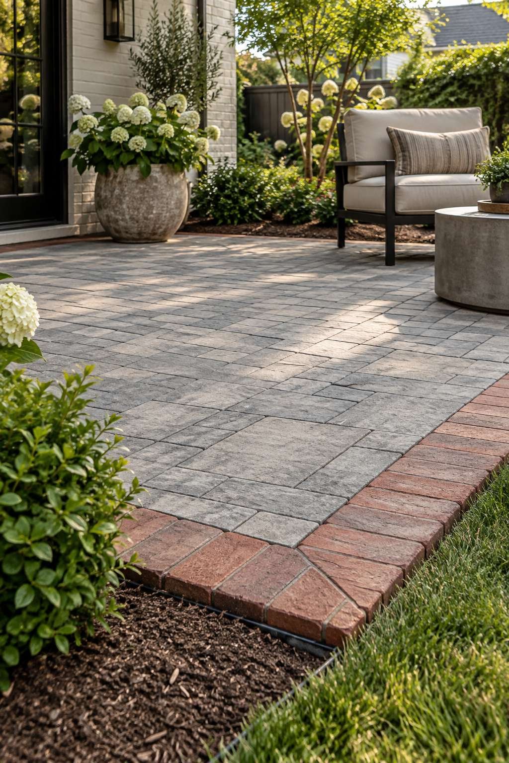 Patio corner with a contrasting brick soldier-course border framing the paver field