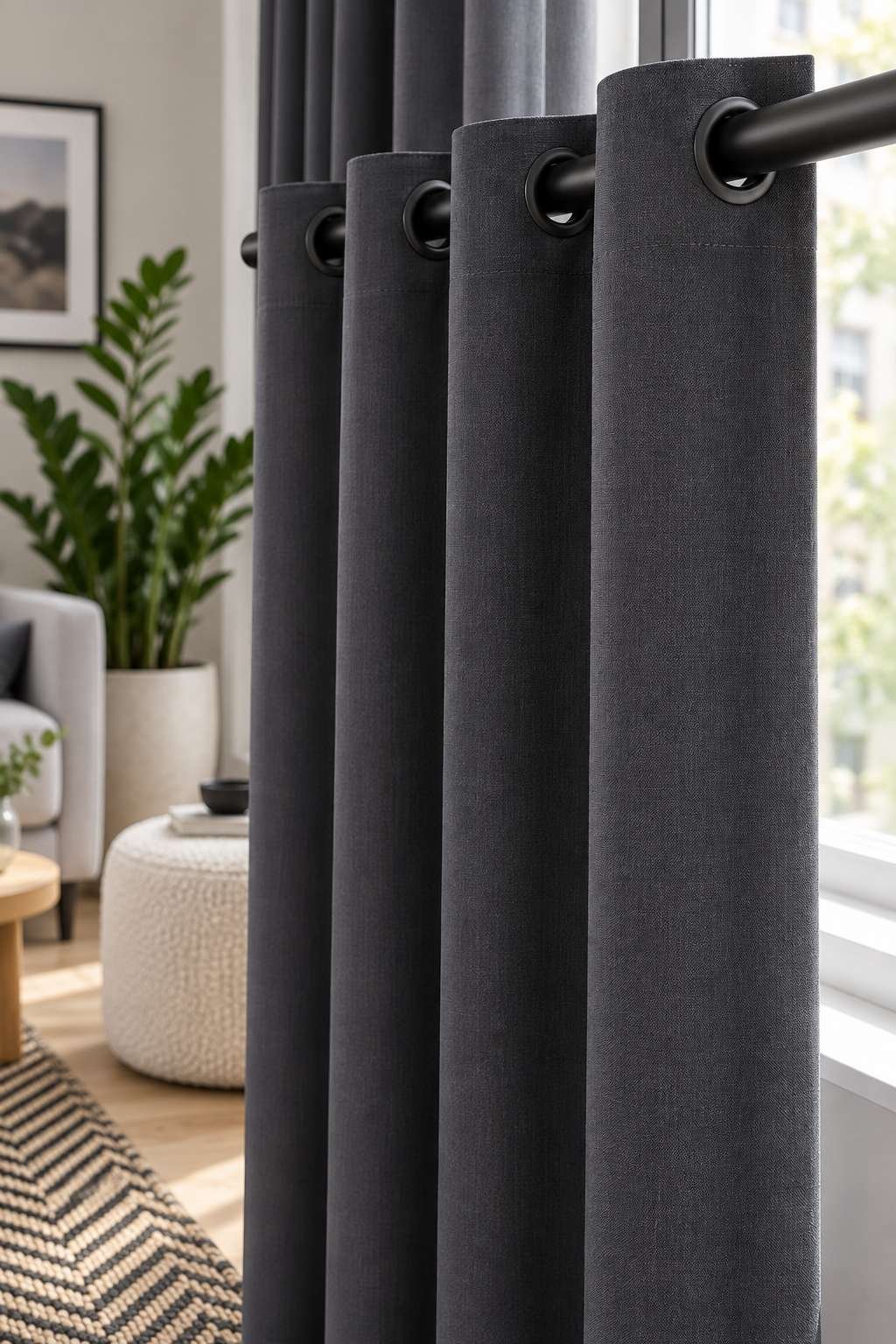 Grommet curtain header creating structured folds on a modern rod