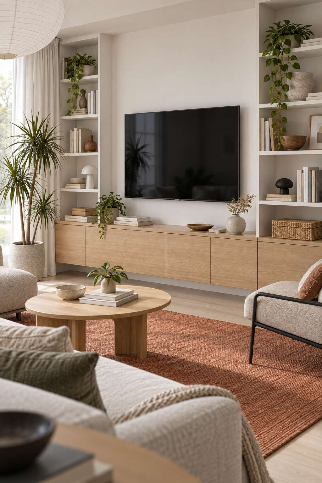 Media console and open shelving used as living room storage solutions