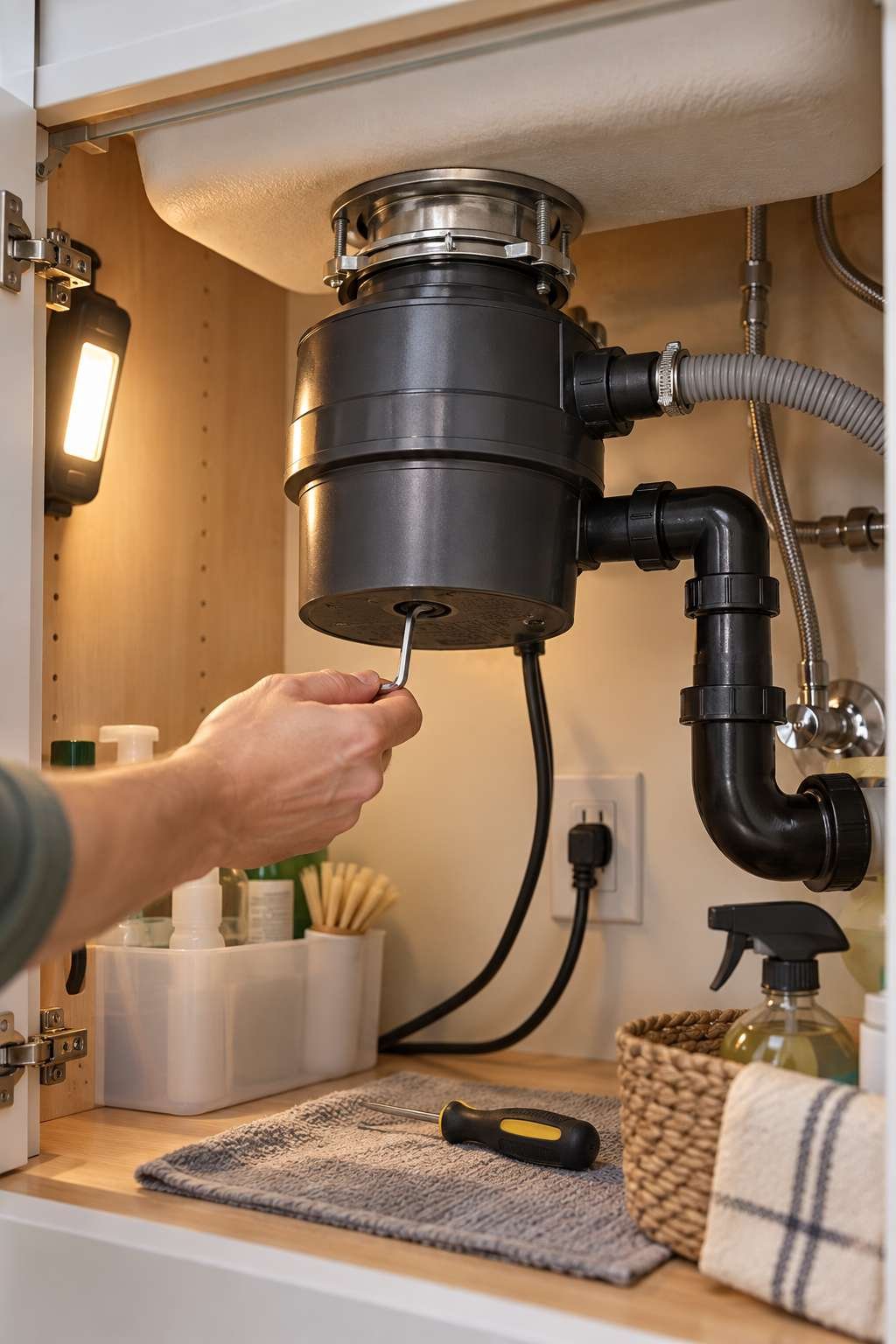 Allen wrench clearing a jammed garbage disposal beneath a kitchen sink
