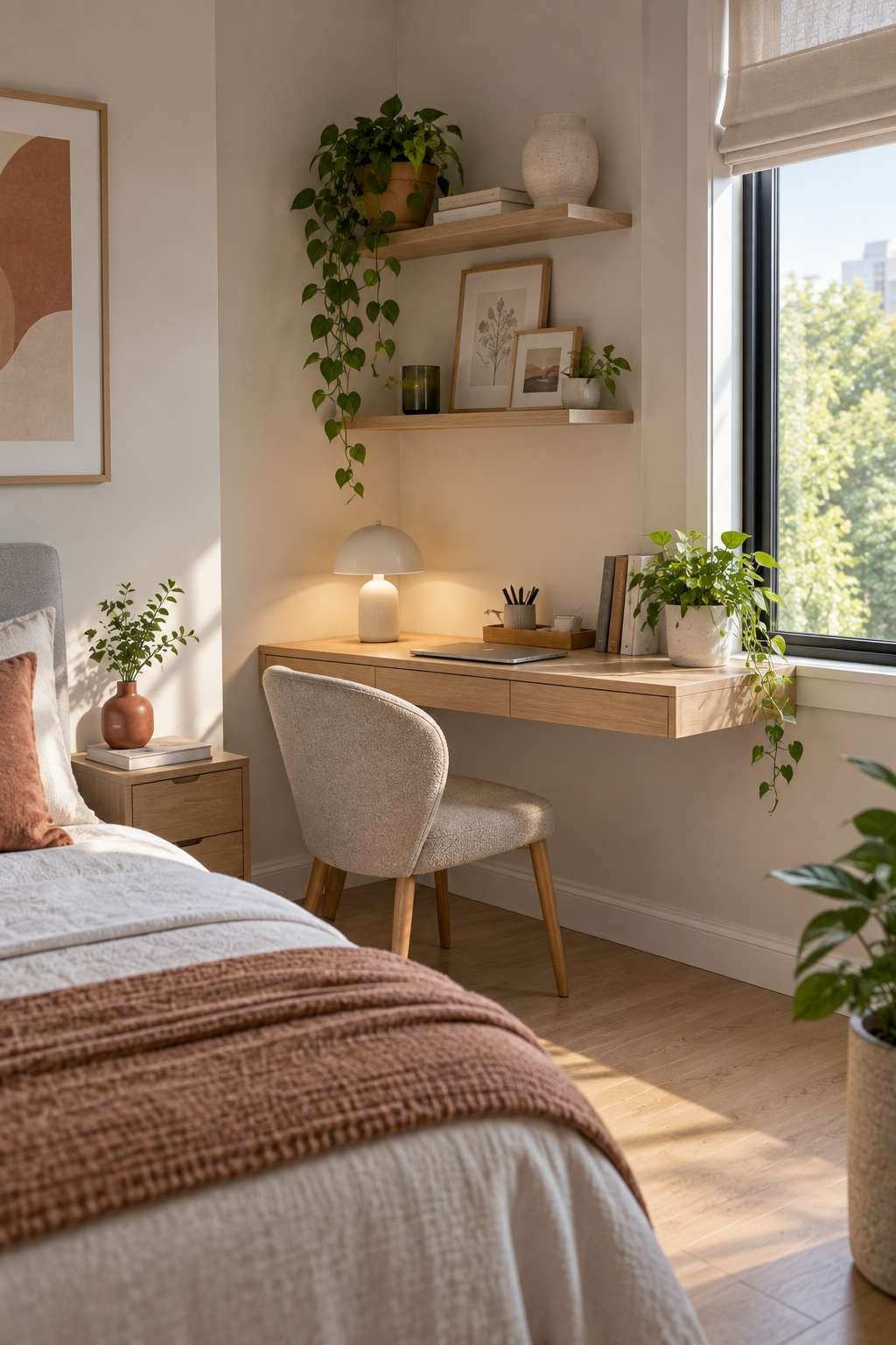 Small bedroom desk workspace positioned near a window
