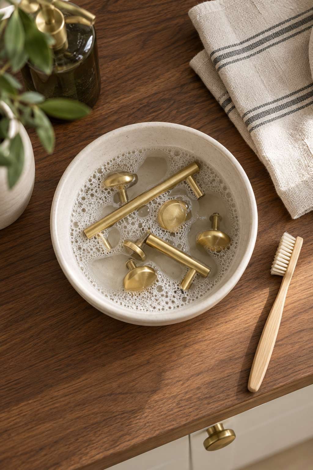 Cabinet hardware soaking in soapy water for cleaning