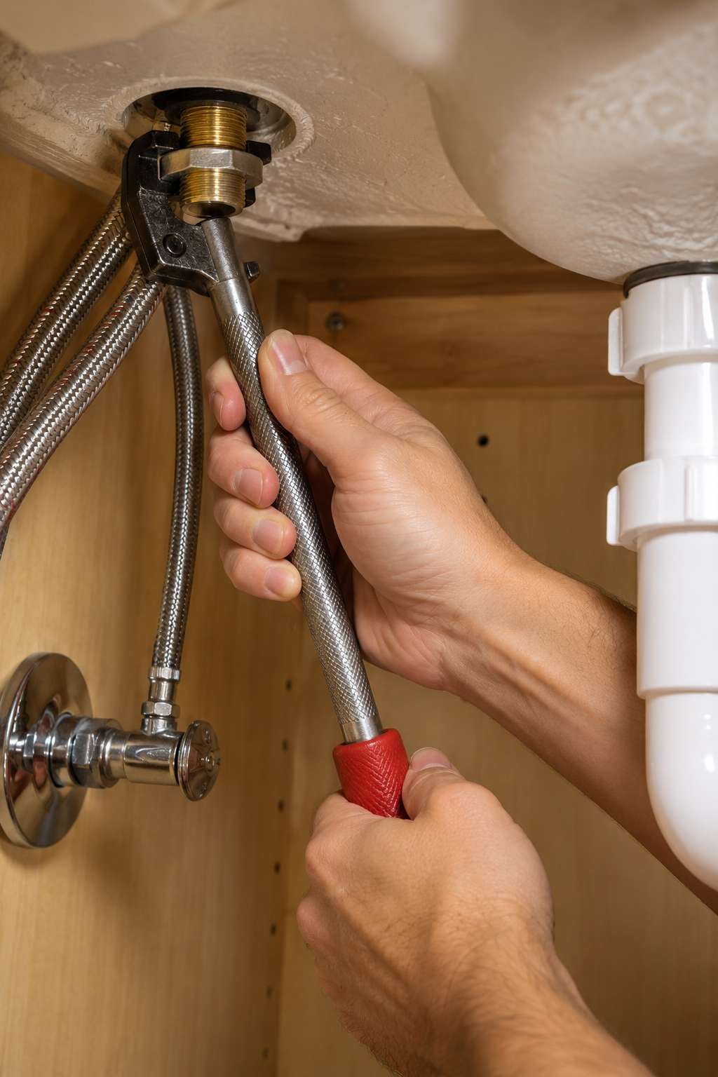 Securing a new bathroom faucet's mounting nuts from underneath