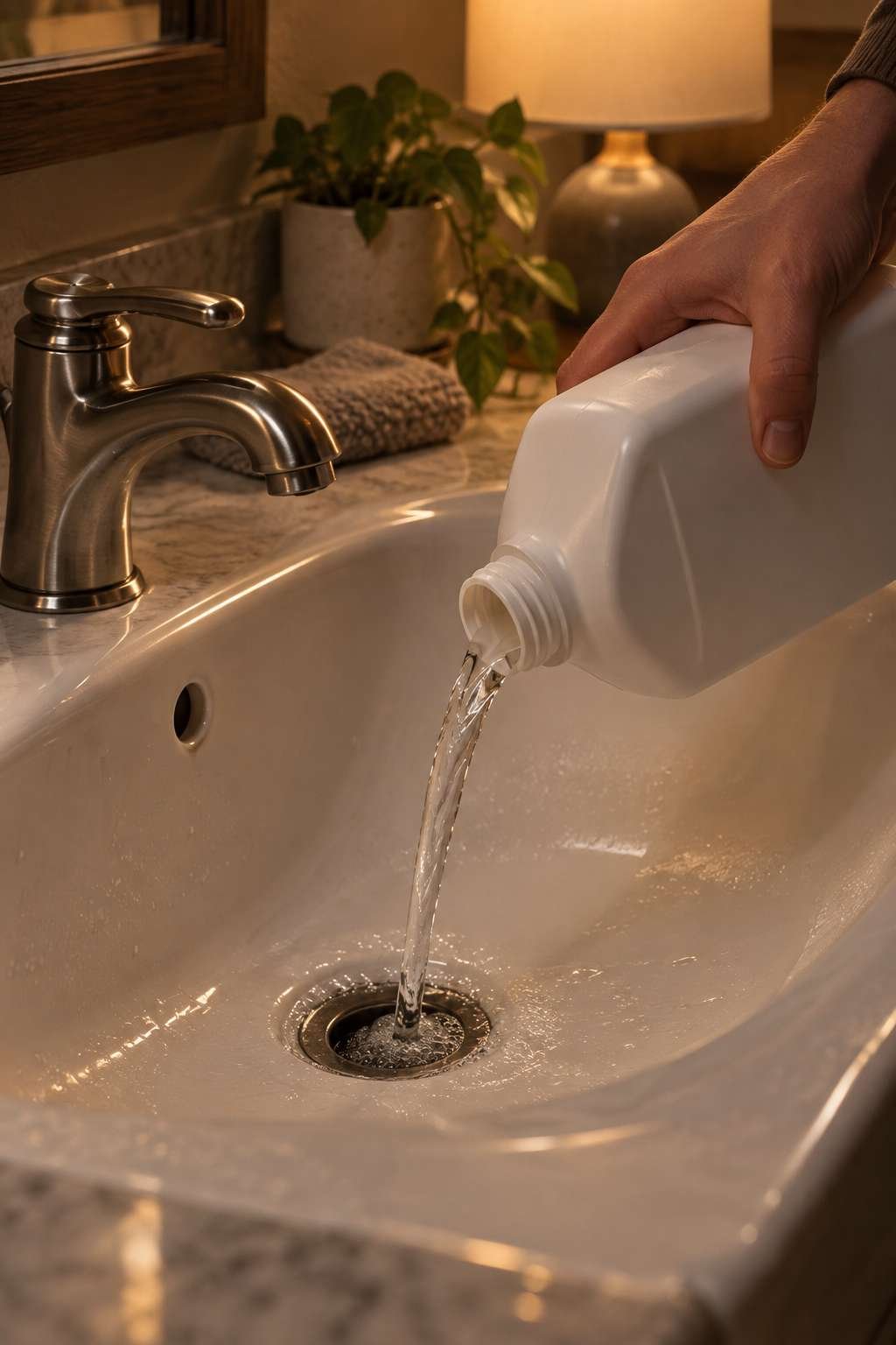 Pouring enzyme drain cleaner into a bathroom sink before bed