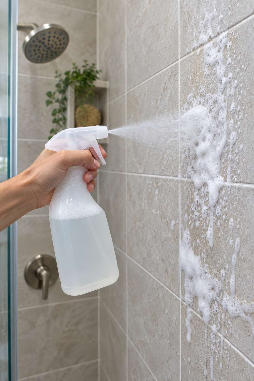 Foaming commercial cleaner applied to shower wall tile