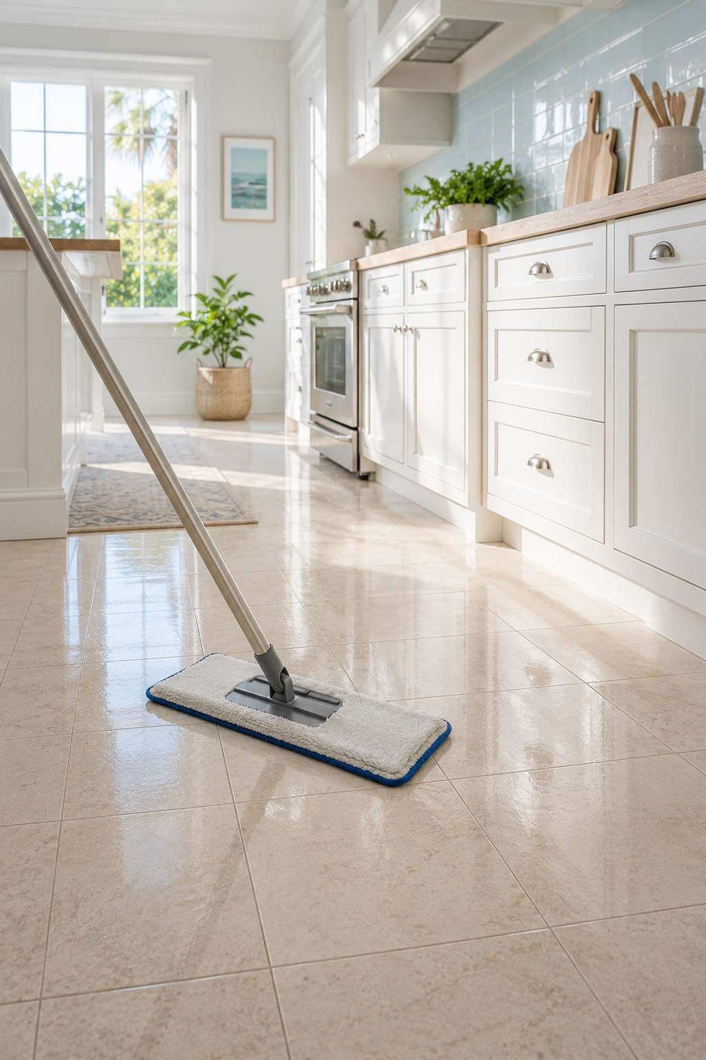 Microfiber mop cleaning a bright, streak-free kitchen floor