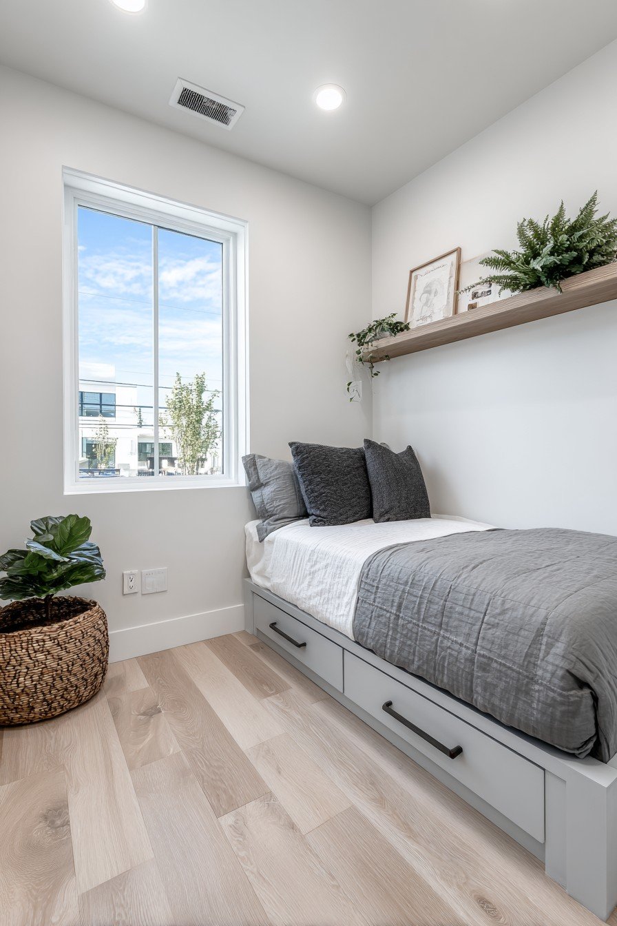 Grey pocket door with recessed nickel pull in a small bedroom with twin storage bed and floating shelves