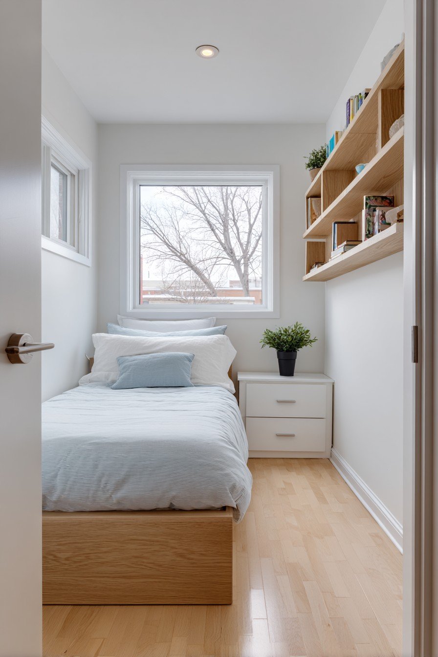 Grey pocket door with recessed nickel pull in a small bedroom with twin storage bed and floating shelves