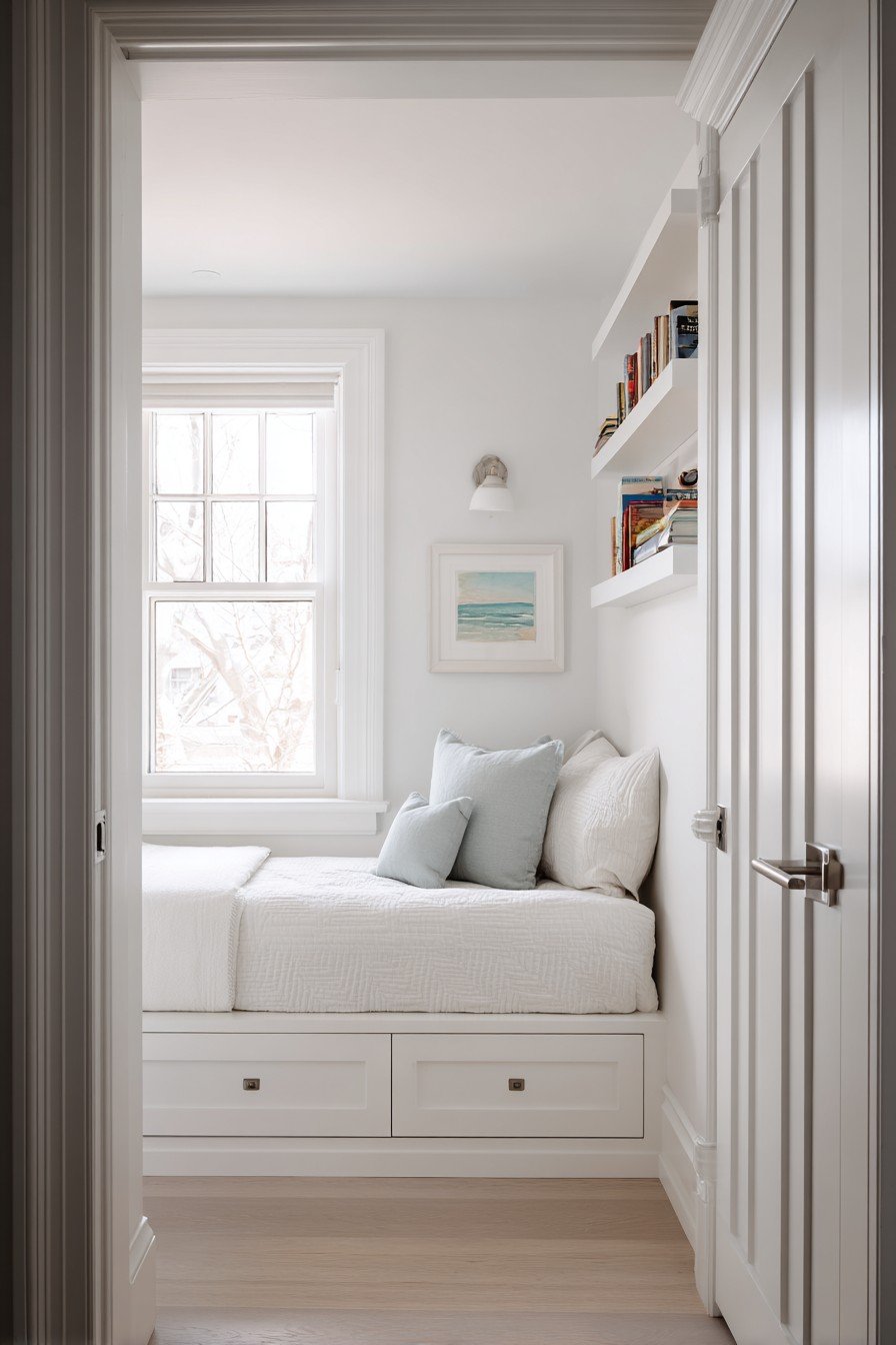Grey pocket door with recessed nickel pull in a small bedroom with twin storage bed and floating shelves